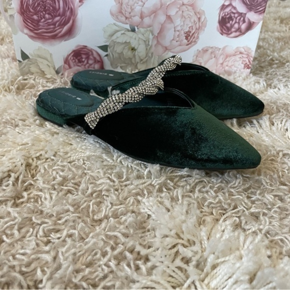 Emerald Green Birdies Swan Jeweled Velvet Slip On Shoe